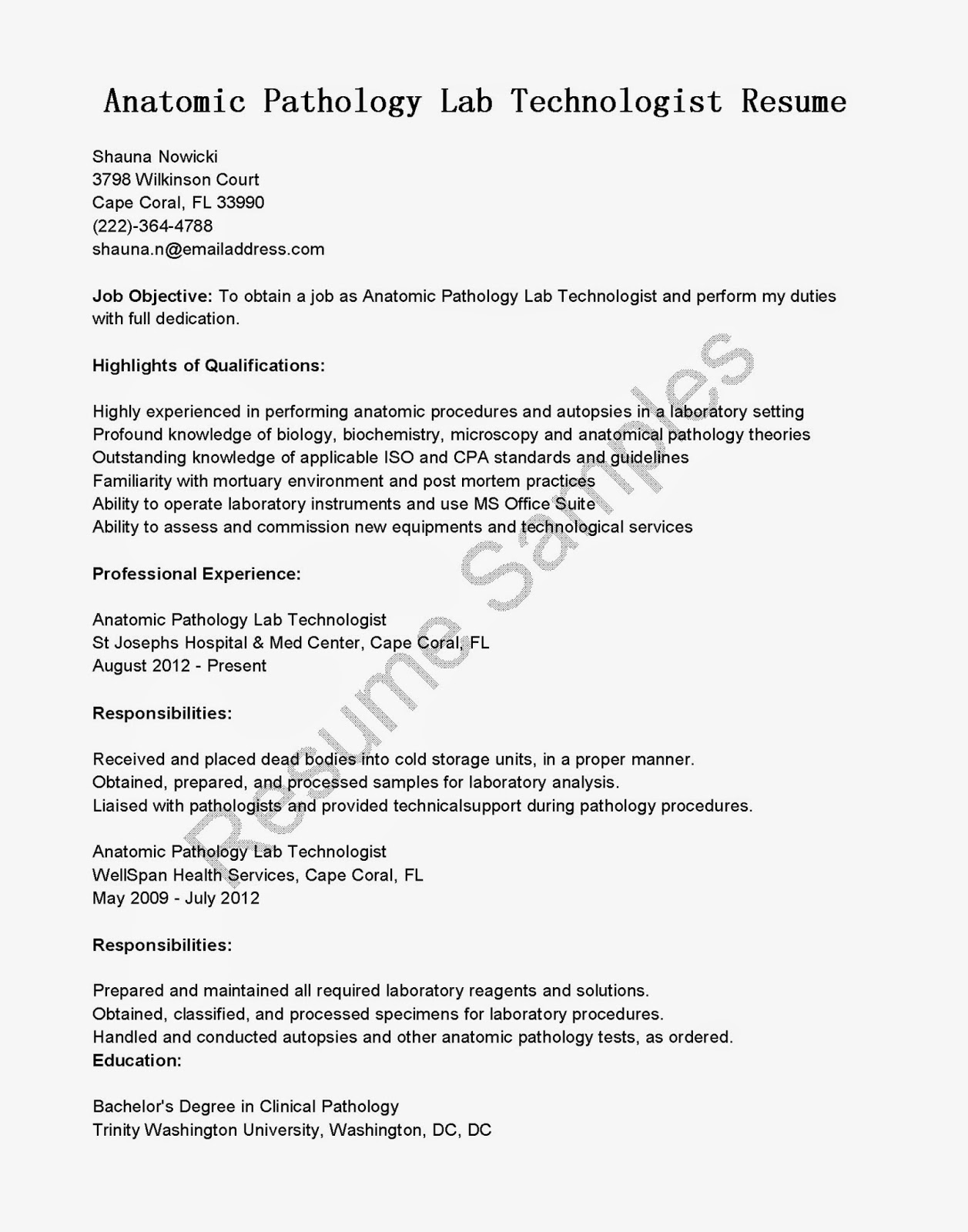 Sample combination resume medical laboratory scientist